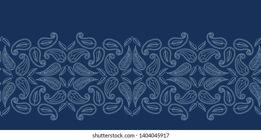 Floral leaf paisley motif sashiko style. Japanese needlework seamless border vector pattern. Hand stitch indigo blue boteh foulard ribbon trim. Classic japan decor. Embroidery kimono quilt template.