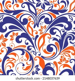 Floral Leaf Pattern In Blue And Orange Color