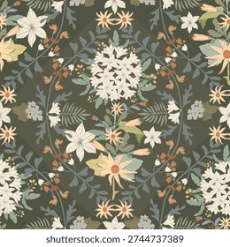 A floral and leaf pattern in muted green tones, contrasted with cream and light orange flowers, arranged in a repeating pattern. This natural vintage style is ideal for high-quality wallpaper, fabric prints, packaging, and graphic background designs.