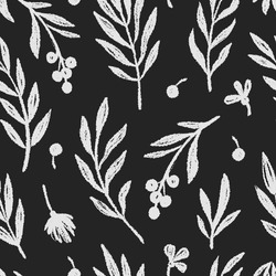 Floral Leaf Seamless Black Pattern Vector Background. Hand Drawn Crayon Abstract Texture Paint Tree Leaf Seamless Brush Pattern. Black, White Texture Leaves Floral Print. Vector