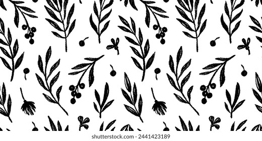 Fondo de vector de patrón negro sin fisuras de la hoja floral. Dibujado a mano de crayón de textura abstracta de la hoja del árbol de pintura sin patrón de pincel. Textura blanca y negra con estampado floral. Vector