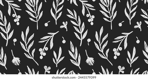 Floral leaf seamless black pattern vector background. Hand drawn crayon abstract texture paint tree leaf seamless brush pattern. Black, white texture leaves floral print. Vector