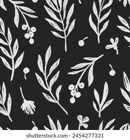 꽃 잎 원활한 검은 패턴 벡터 배경. 손으로 그린 크레용 추상 텍스처 페인트 나무 잎 원활한 브러시 패턴. 블랙, 화이트 텍스처가 꽃무늬 프린트를 남깁니다. 벡터 스톡 벡터