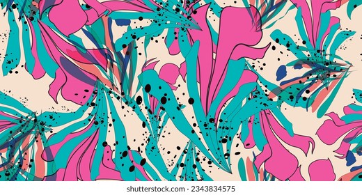 Floral leaf seamless pattern background. Abstract texture fashion design. Modern style fabric print. Vector of colorful summer plant. 