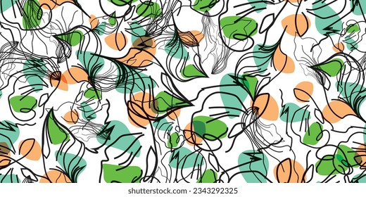 Patrón sin fisuras de hojas florales. Impresiones únicas de tela hechas a mano. Hermosa impresión de flores tropicales de verano. Ilustración del vector