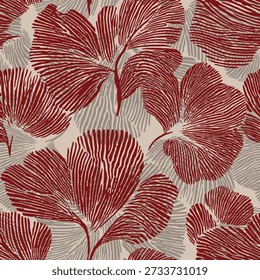 floral, leaf, seamless, red, gray, beige, textured, organic, pattern, background