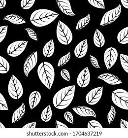 Floral leaf silhouette seamless pattern. White leaves on black background texture for for print, paper, design, fabric, decor, wrap, wallpaper, ads. Vector illustration