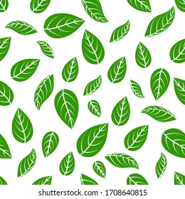 Floral leaf silhouette seamless pattern. Green simple leaves on white background texture for for print, paper, design, fabric, decor, wrap, wallpaper, ads. Vector illustration