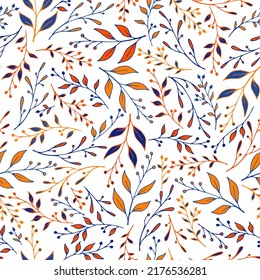 Floral leaf stem pattern seamless vector. Tropical berry plants ornament. Batik fashion print. Natural stalk leaf stem pattern background. Mistletoe wallpaper.