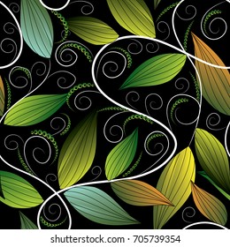 Floral Leafy Greens Hand Drawn Seamless Pattern. Repeating Flourish Black Background Wallpaper Illustration With Vintage Green 3d Leaves, White Swirl Lines, Dotes. Vector Surface Ornamental Texture