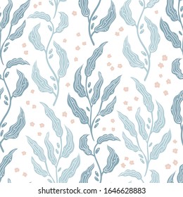 Floral leafy seamless pattern olive branch. Hand drawn illustration in simple scandinavian style. Minimalism in a limited pastel color. ideal for printing on fabric, textiles, packaging, wallpaper.