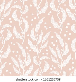 Floral leafy seamless pattern olive branch. Hand drawn illustration in simple scandinavian style. Minimalism in a limited pastel color. ideal for printing on fabric, textiles, packaging, wallpaper.