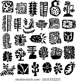 floral leafy tribal modern art foliage flowers shapes cut out silhouette graphic set, isolated vector illustration