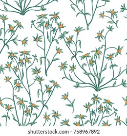 Floral leaves and berry seamless pattern. Wild nature retro background. Flourish wallpaper with plants.