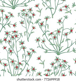 Floral leaves and berry seamless pattern. Wild nature retro background. Flourish wallpaper with plants.