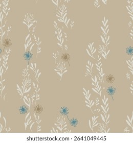 Floral leaves branches on beige background vector seamless pattern, digital hand drawn illustration repeat tile, perfect for allover fashion print, walls and more