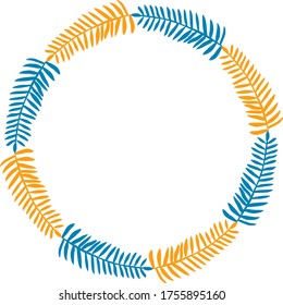 Floral leaves circle vector frame. Orange and blue. Botanical frame for invitations and banners
