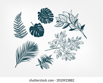 floral leaves doodle vector set sketch design elements isolated