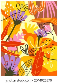 Floral leaves and flower colorful drawn background vector illustration.