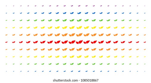 Floral leaves icon spectrum halftone pattern. Vector floral leaves objects are arranged into halftone matrix with vertical spectrum gradient. Designed for backgrounds, covers,