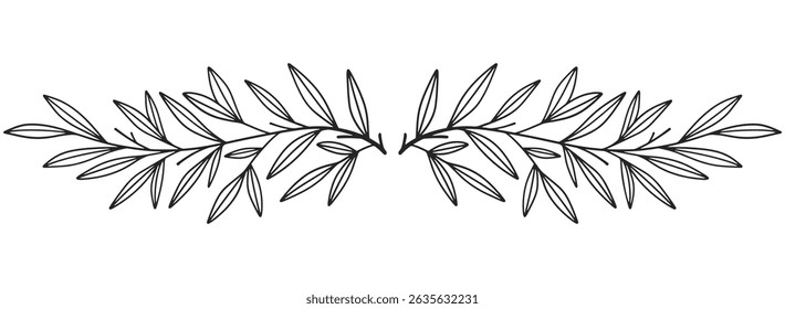 floral and leaves line art isolated on white background. Divider doodle leaf and flowers, nature border decorative element vector illustration
