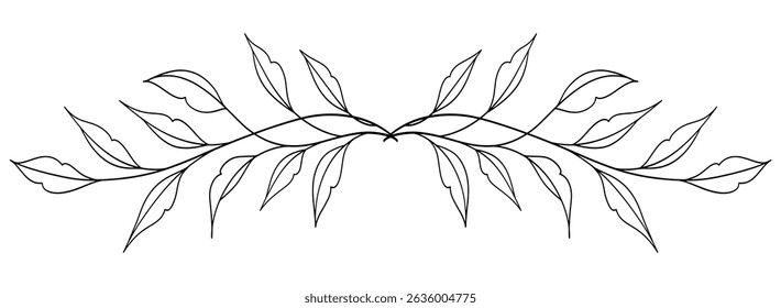 floral leaves line art isolated on white background. Divider doodle leaf and flowers, nature border decorative element vector illustration