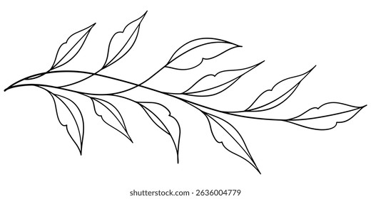 floral leaves line art isolated on white background. Divider doodle leaf and flowers, nature border decorative element vector illustration