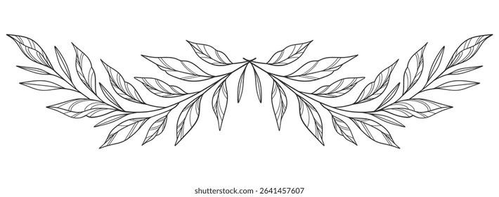 floral leaves line art isolated on white background. Divider doodle leaf and flowers, nature border decorative element vector illustration