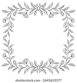 floral leaves line art isolated on white background. Divider doodle leaf and flowers, nature border decorative element vector illustration
