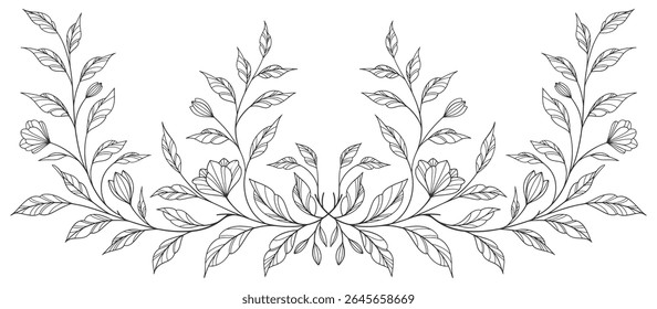 floral leaves line art isolated on white background. Divider doodle leaf and flowers, nature border decorative element vector illustration