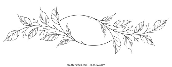 floral leaves line art isolated on white background. Divider doodle leaf and flowers, nature border decorative element vector illustration