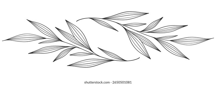 floral leaves line art isolated on white background. Divider doodle leaf and flowers, nature border decorative element vector illustration
