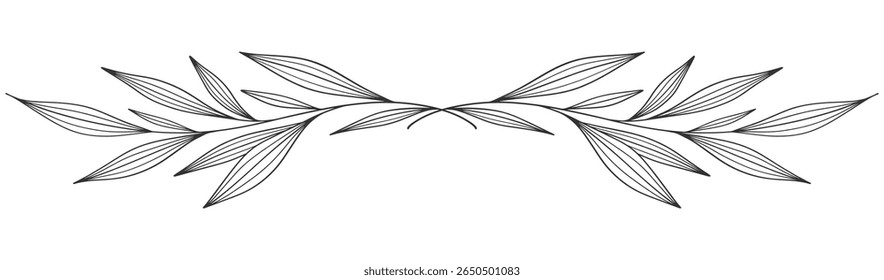 floral leaves line art isolated on white background. Divider doodle leaf and flowers, nature border decorative element vector illustration