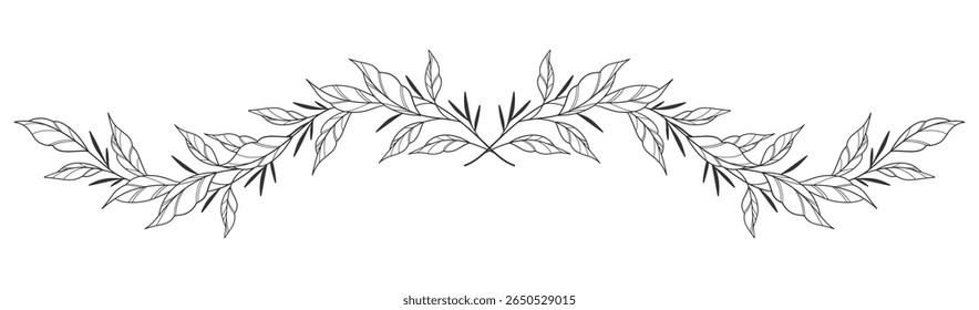 floral leaves line art isolated on white background. Divider doodle leaf and flowers, nature border decorative element vector illustration