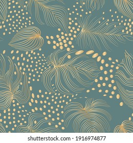 Floral leaves seamless pattern. Foliage garden background with polka dots. Floral ornamenal tropical nature summer palm leaves decorative retro style wallpaper