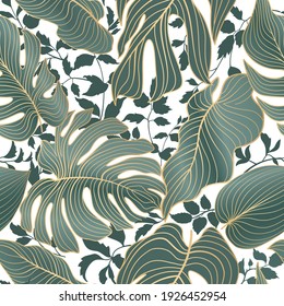 Floral Leaves Seamless Pattern. Foliage Garden Background. Floral Ornamenal Tropical Nature Summer Palm Leaves Decorative Retro Style Wallpaper
