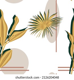 Floral leaves seamless pattern. Foliage golden background. Floral ornamenal tropical nature summer palm leaves decorative retro style abstract wallpaper.