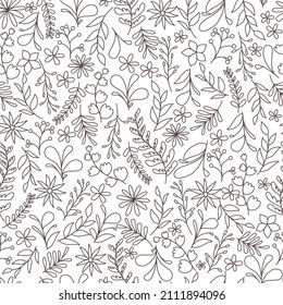 Floral y hojas sin fisuras. Flores lineales dibujadas a mano y de silueta, ramas, hojas texturas. plantilla elegante para impresoras de moda. Fondo universal simple.