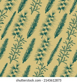 Floral Leaves Seamless Pattern with hand drawn blooming flowers. Vintage vector background. 