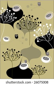 floral and leaves seamless pattern with little owl