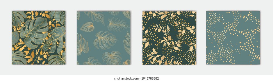 Floral leaves seamless pattern set. Foliage garden background. Floral ornamenal tropical nature summer palm leaves decorative retro style wallpaper. Design collection