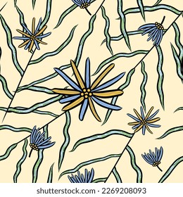Floral and leaves seamless pattern. wild flowers. spring background.