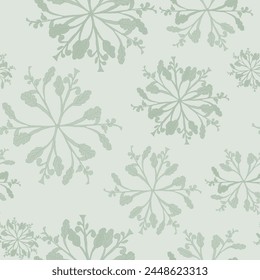 Floral leaves and stems in geometrical patterns, toile de jouy style in green vector artwork seamless pattern