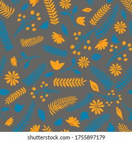 Patrón vectorial de hojas florales. Naranja y azul. Patrón de fondo botánico para textiles