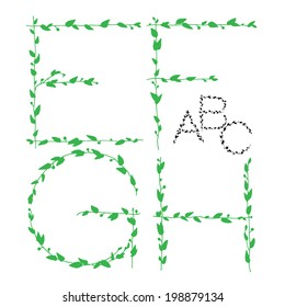 Floral leaves view alphabet E, F, G, H letters. Vector latin laurel alphabet. Good for backgrounds, fabric, restaurant and wedding stuff. Beautiful hand drawn illustration
