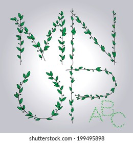 Floral leaves view alphabet M, N, O, P letters. Vector latin laurel alphabet. Good for backgrounds, fabric, restaurant and wedding stuff. Beautiful hand drawn illustration