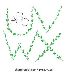 Floral leaves view alphabet U, V, W, X letters. Vector latin laurel alphabet. Good for backgrounds, fabric, restaurant and wedding stuff. Beautiful hand drawn illustration