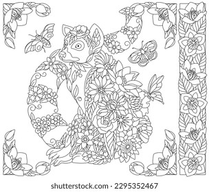 Floral lemur. Adult coloring book page with fantasy animal and flower elements