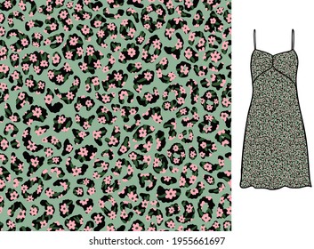 Floral Leo Vector Seamless Repeat Pattern. Animal All Over Print with Dress Flat Sample.