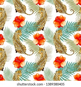 Floral leopard seamless pattern.  Animal print pattern with tropical leaves and flowers